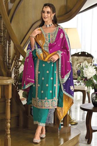 Chinon Silk Heavy Embroidered Sequence Work Salwar Suit Set Kurta Pant with Dupatta