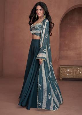 Teal blue embroidered & sequins work georgette blouse palazzo with jacket suit - full stitched suit 1