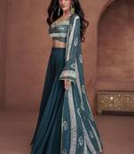 Teal blue embroidered & sequins work georgette blouse palazzo with jacket suit - full stitched suit