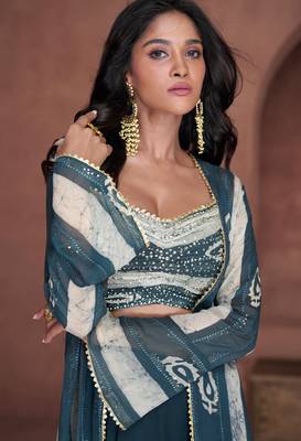 Teal blue embroidered & sequins work georgette blouse palazzo with jacket suit - full stitched suit 2