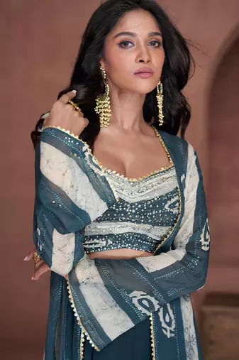 Teal blue embroidered & sequins work georgette blouse palazzo with jacket suit - full stitched suit
