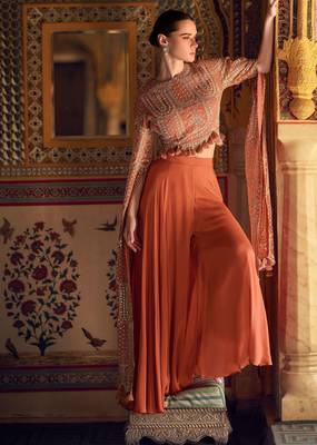 Orange embroidery, sequins & stone work chinnon silk blouse palazzo suit - full stitched suit 1