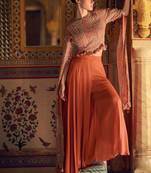 Orange embroidery, sequins & stone work chinnon silk blouse palazzo suit - full stitched suit
