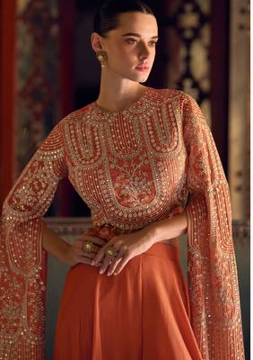 Orange embroidery, sequins & stone work chinnon silk blouse palazzo suit - full stitched suit 2