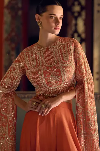 Orange embroidery, sequins & stone work chinnon silk blouse palazzo suit - full stitched suit