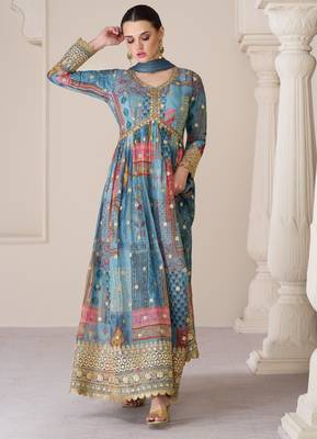 Blue embroidery sequins & print work organza silk anarkali suit - full stitched suit 1