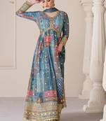 Blue embroidery sequins & print work organza silk anarkali suit - full stitched suit