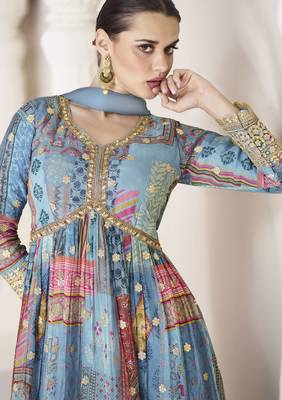 Blue embroidery sequins & print work organza silk anarkali suit - full stitched suit 2