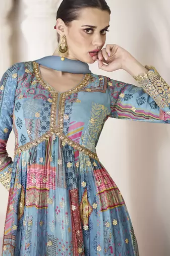 Blue embroidery sequins & print work organza silk anarkali suit - full stitched suit