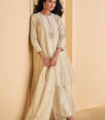 Off white embroidery & sequins work silk anarkali palazzo suit - full stitched suit