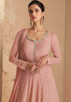 Pink embroidered & sequins work georgette anarkali suit - full stitched suit 2
