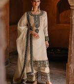 Off white embroidered & sequins work silk straight palazzo pant suit - full stitched suit