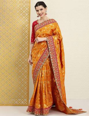 Yellow Silk blend Embroidered Saree with Unstitched Blouse Piece 1