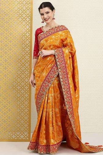 Yellow Silk blend Embroidered Saree with Unstitched Blouse Piece