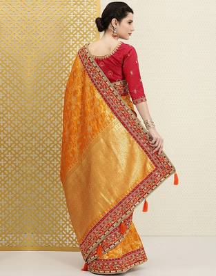 Yellow Silk blend Embroidered Saree with Unstitched Blouse Piece 2