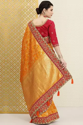 Trendmalls Yellow Silk blend Embroidered Saree with Unstitched Blouse Piece