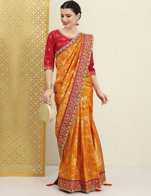 Yellow Silk blend Embroidered Saree with Unstitched Blouse Piece 3