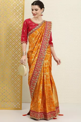 Trendmalls Yellow Silk blend Embroidered Saree with Unstitched Blouse Piece