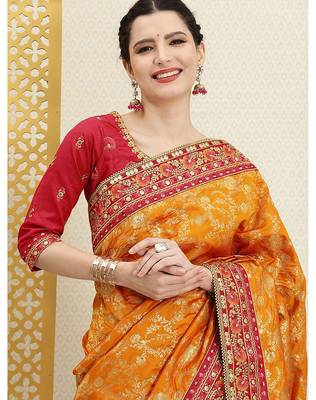 Yellow Silk blend Embroidered Saree with Unstitched Blouse Piece 4