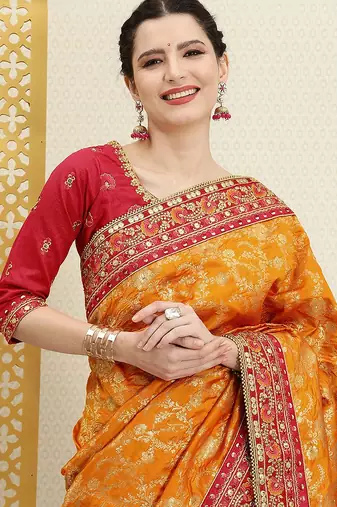 Trendmalls Yellow Silk blend Embroidered Saree with Unstitched Blouse Piece