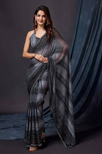 Black Satin Swarovski Work Party Wear Saree with Unstitched Blouse