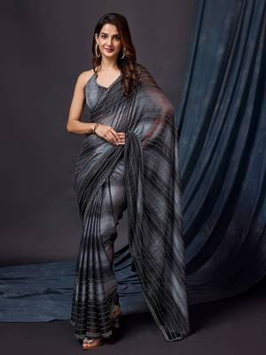 Black Satin Swarovski Work Party Wear Saree with Unstitched Blouse 1