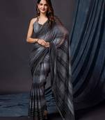 Trendmalls Black Satin Swarovski Work Party Wear Saree with Unstitched Blouse