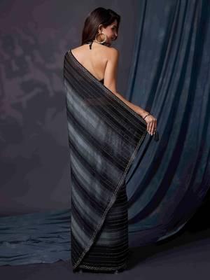Black Satin Swarovski Work Party Wear Saree with Unstitched Blouse 2