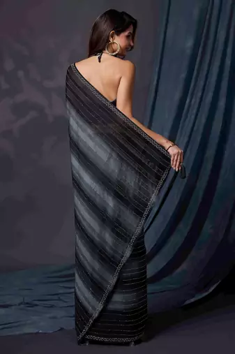 Trendmalls Black Satin Swarovski Work Party Wear Saree with Unstitched Blouse