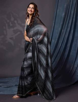 Black Satin Swarovski Work Party Wear Saree with Unstitched Blouse 3