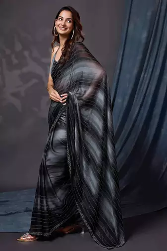 Trendmalls Black Satin Swarovski Work Party Wear Saree with Unstitched Blouse