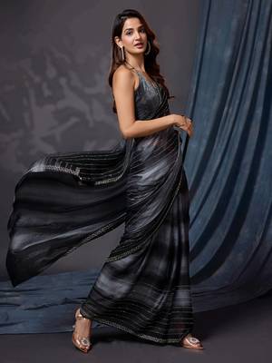 Black Satin Swarovski Work Party Wear Saree with Unstitched Blouse 4