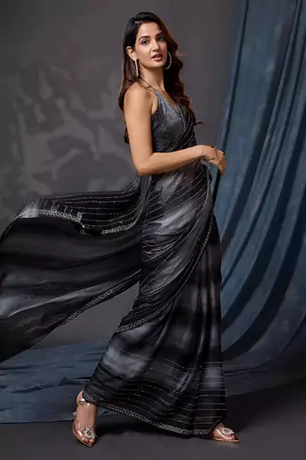 Trendmalls Black Satin Swarovski Work Party Wear Saree with Unstitched Blouse