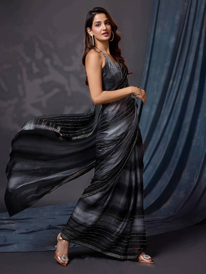 Trendmalls Black Satin Swarovski Work Party Wear Saree with Unstitched Blouse