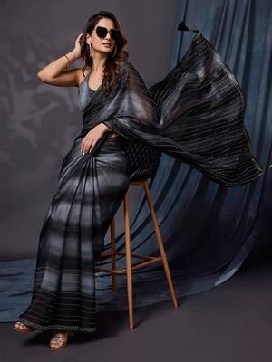 Black Satin Swarovski Work Party Wear Saree with Unstitched Blouse 5