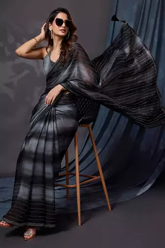 Trendmalls Black Satin Swarovski Work Party Wear Saree with Unstitched Blouse