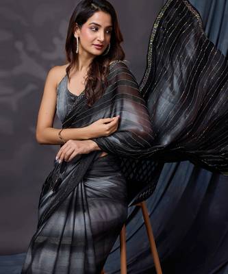 Black Satin Swarovski Work Party Wear Saree with Unstitched Blouse 6