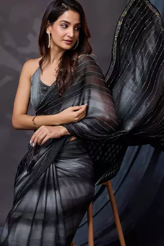Trendmalls Black Satin Swarovski Work Party Wear Saree with Unstitched Blouse
