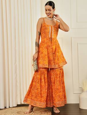 Yellow front slit flared kurta with sharara 1
