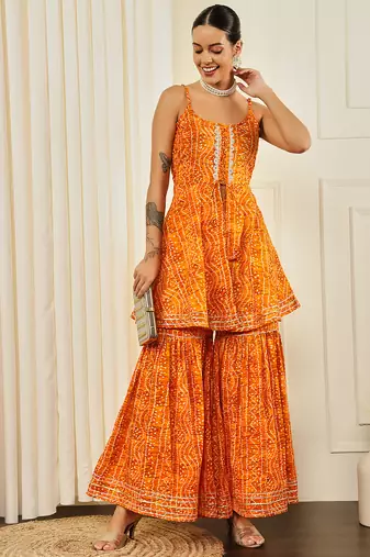 Yellow front slit flared kurta with sharara