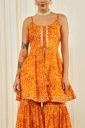 Yellow front slit flared kurta with sharara