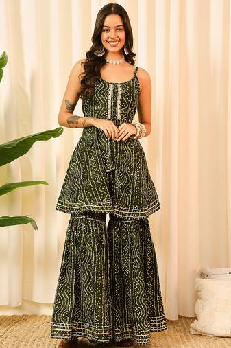 Green front slit flared kurta with sharara