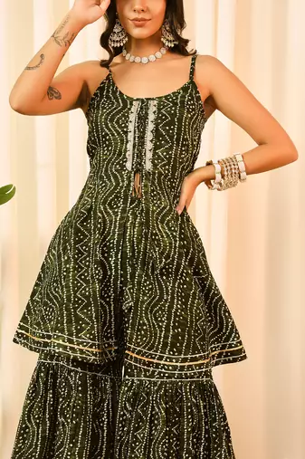 Green front slit flared kurta with sharara