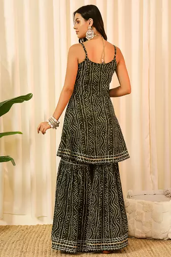 Green front slit flared kurta with sharara