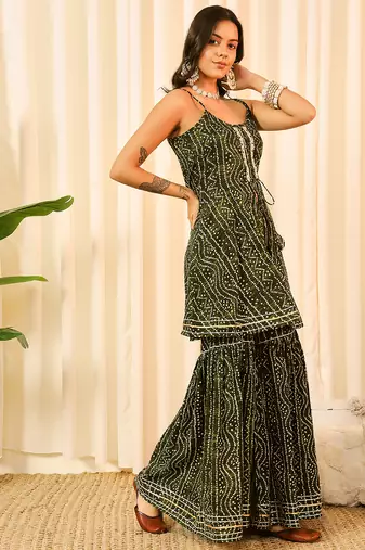 Green front slit flared kurta with sharara