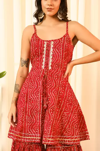 Rani pink front slit flared kurt with sharara