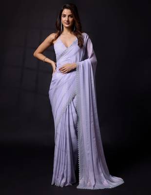 Trendmalls Purple Chiffon swarovski work Saree with Unstitched Blouse Piece 1