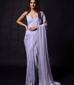 Trendmalls Purple Chiffon swarovski work Saree with Unstitched Blouse Piece