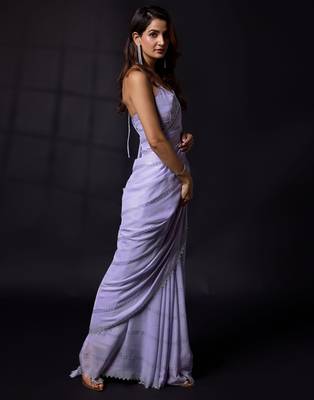Trendmalls Purple Chiffon swarovski work Saree with Unstitched Blouse Piece 2