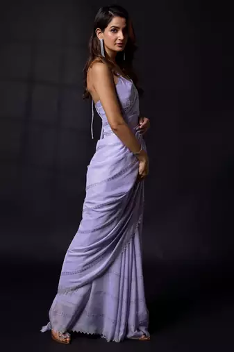 Trendmalls Purple Chiffon swarovski work Saree with Unstitched Blouse Piece